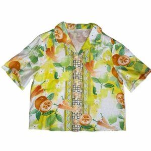 NWT Hester & Orchard Citrus Orange Lemon Print Linen Blend Cropped Shirt Vintage